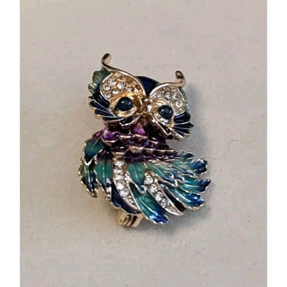 Small Green Blue & Purple Enamel Owl Brooch